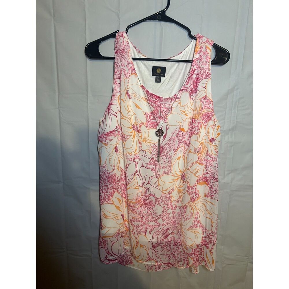 JM Collection Floral Tank Top Blouse Size L Pink Orange Sheer With Necklace